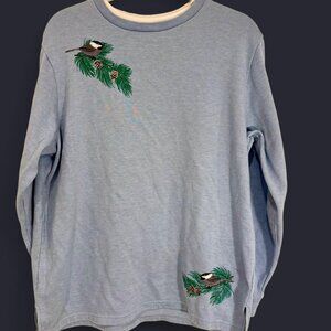 Embroidered Bird and Pinecone Blue Sweatshirt